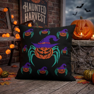 Spooky Halloween Pumpkin Spider And Witch Hat Art Cushion