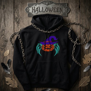 Spooky Halloween Pumpkin Spider And Witch Hat Art Hoodie