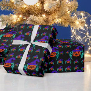 Spooky Halloween Pumpkin Spider And Witch Hat Art Wrapping Paper