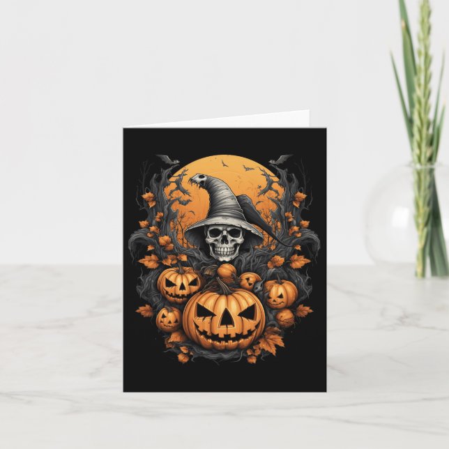 Spooky Halloween Pumpkin Witch Skull  Card (Front)