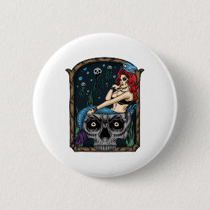 Spooky Halloween Punk Goth Skull Mermaid 6 Cm Round Badge