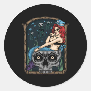 Spooky Halloween Punk Goth Skull Mermaid  Classic Round Sticker