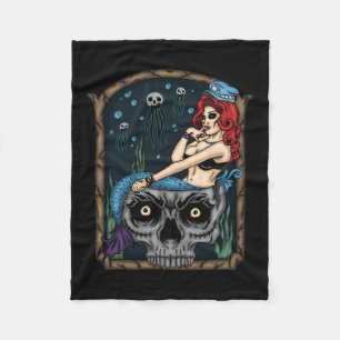 Spooky Halloween Punk Goth Skull Mermaid Fleece Blanket