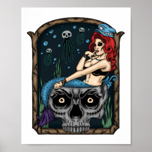 Spooky Halloween Punk Goth Skull Mermaid  Poster