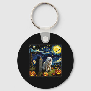 Spooky Halloween Samoyed Dog Starry Night Key Ring