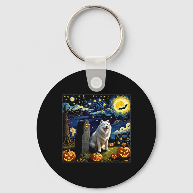 Spooky Halloween Samoyed Dog Starry Night Key Ring (Front)