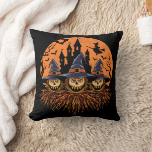 Spooky Halloween scarecrow trio at twilight Cushion