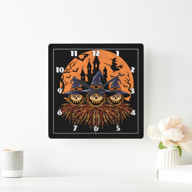 Spooky Halloween scarecrow trio at twilight Square Wall Clock (Home)