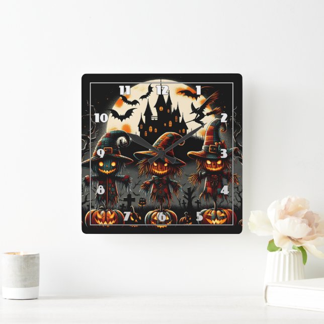 Spooky Halloween scarecrows guarding the graveyard Square Wall Clock (Home)