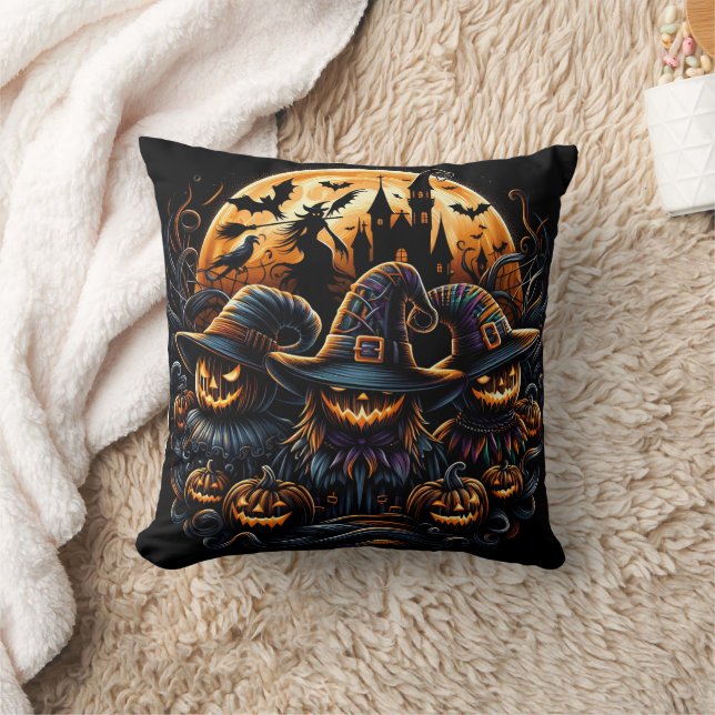 Spooky Halloween scarecrows under a full moon Cushion (Blanket)