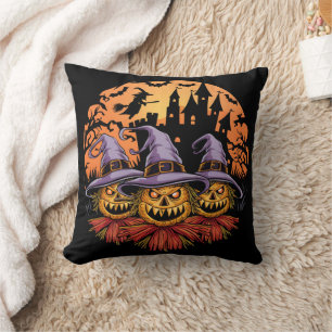 Spooky Halloween scarecrows under a full moon Cushion