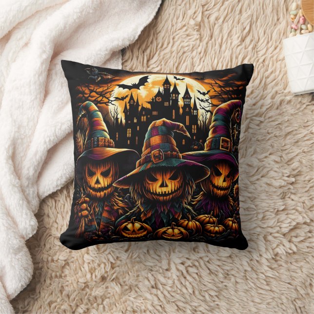 Spooky Halloween scarecrows with glowing pumpkins Cushion (Blanket)