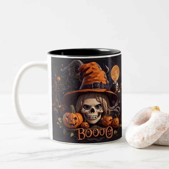Spooky Halloween Scene with Pumpkin, Witch, Moon Two-Tone Coffee Mug (With Donut)