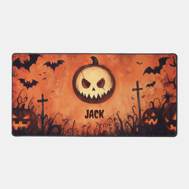 Spooky Halloween Scene with Pumpkins and Bats Desk Mat (Front)