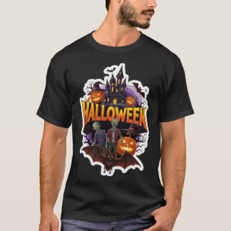 Spooky Halloween scene with zombies castle and pum T-Shirt