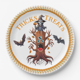Spooky Halloween Shaman On Tree Stump Paper Plate