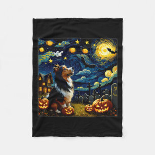 Spooky Halloween Sheltie Dog Starry Night Fleece Blanket