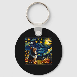 Spooky Halloween Sheltie Dog Starry Night Key Ring