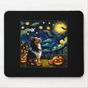 Spooky Halloween Sheltie Dog Starry Night Mouse Pad