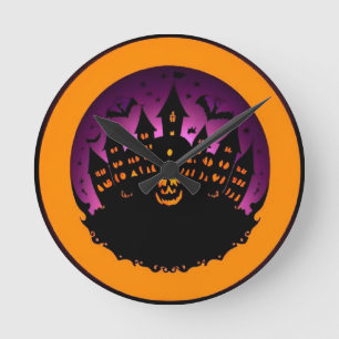 Spooky Halloween Silhouette Of A Haunted Castle Round Clock