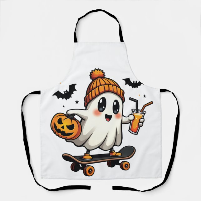 Spooky Halloween Skating Pumpkin Spice Ghost Fall Apron (Front)