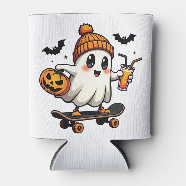 Spooky Halloween Skating Pumpkin Spice Ghost Fall Can Cooler (Front)