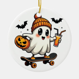 Spooky Halloween Skating Pumpkin Spice Ghost Fall Ceramic Ornament