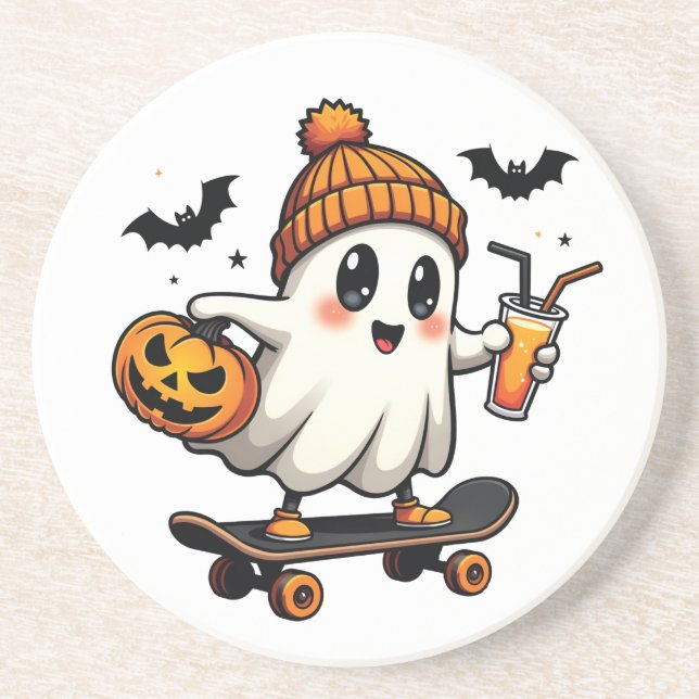 Spooky Halloween Skating Pumpkin Spice Ghost Fall Coaster (Front)