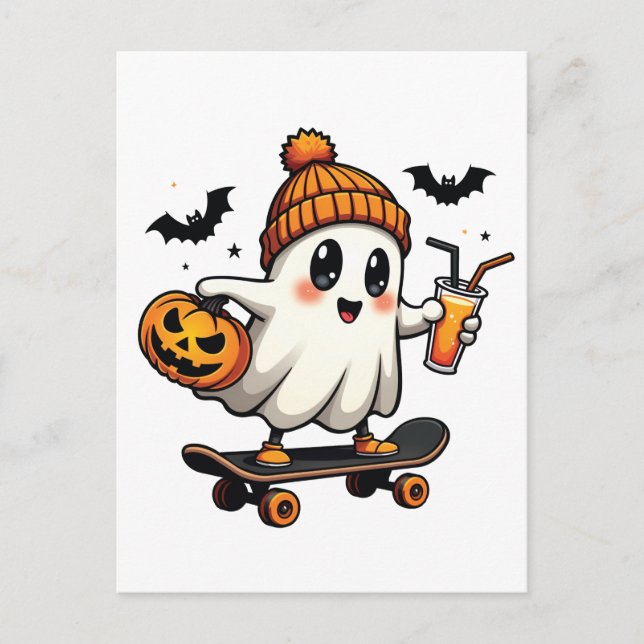 Spooky Halloween Skating Pumpkin Spice Ghost Fall Invitation Postcard (Front)