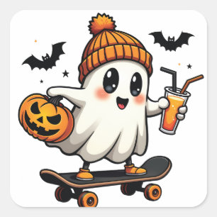 Spooky Halloween Skating Pumpkin Spice Ghost Fall Square Sticker
