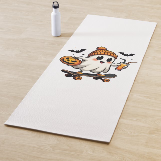 Spooky Halloween Skating Pumpkin Spice Ghost Fall Yoga Mat (In Situ)