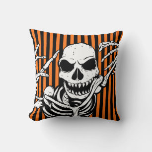 Spooky Halloween Skeleton Orange Black Cushion
