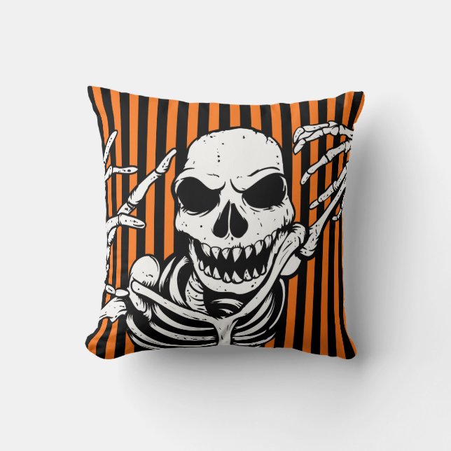 Spooky Halloween Skeleton Orange Black Cushion (Front)
