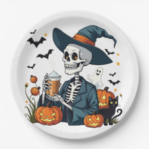 Spooky Halloween Skeleton Sippin Pumpkin Spice Paper Plate