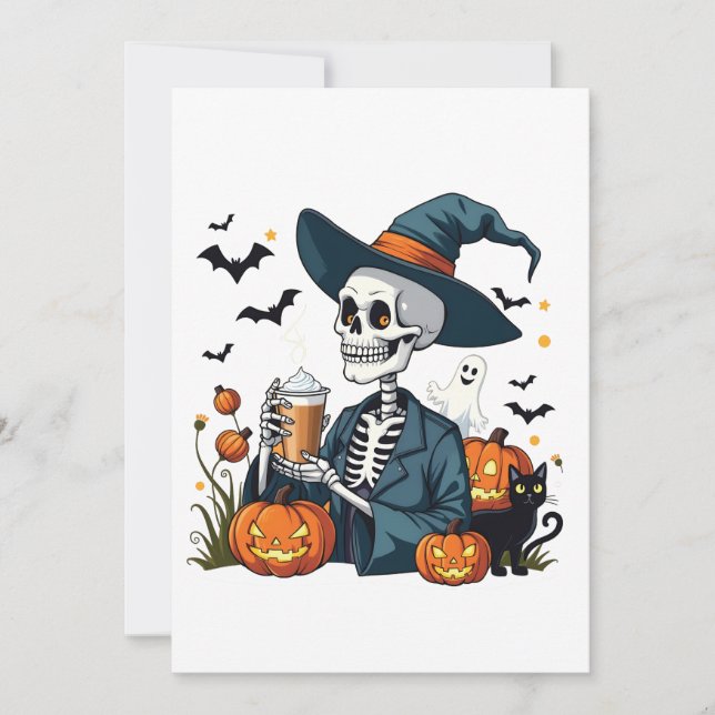 Spooky Halloween Skeleton Sippin Pumpkin Spice Thank You Card (Front)