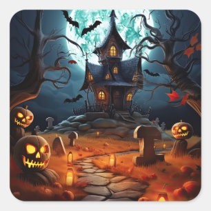 Spooky Halloween Skeleton Skull Haunted House  Square Sticker