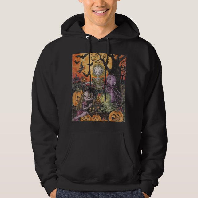 Spooky Halloween Skull & Pumpkin Art Hooded. Hoodie (Front)