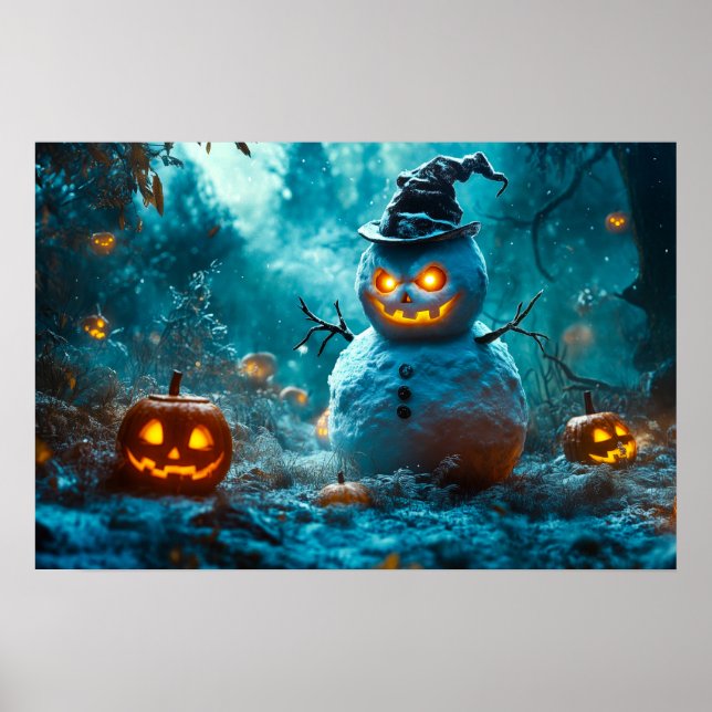Spooky Halloween Snowman in Pumpkin Forest Poster (Front)