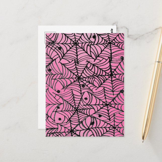 Spooky Halloween Spider Webs on Pink Postcard (Front/Back In Situ)