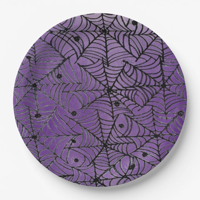 Spooky Halloween Spider Webs on Purple Paper Plate (Front)