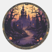 Spooky Halloween sticker of castle, bats, pumpkins