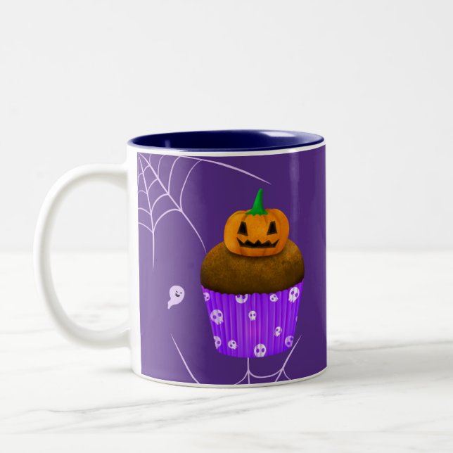 Spooky Halloween Treats Ghost and Pumpkin Cupcake  Two-Tone Coffee Mug (Left)