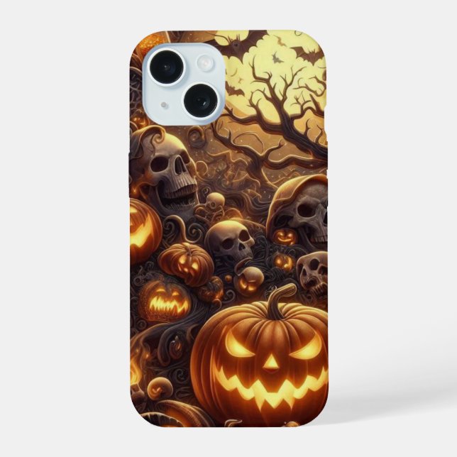 Spooky Halloween Tree bats skulls pumpkin ghost iPhone 15 Case (Back)