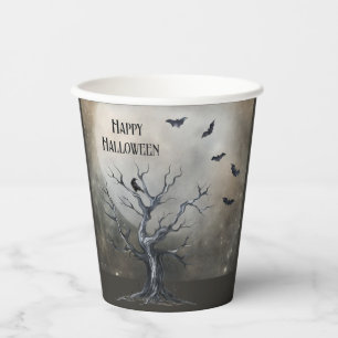 Spooky Halloween Tree with Raven and Bats Paper Cups