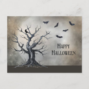 Spooky Halloween Tree with Raven and Bats Postcard