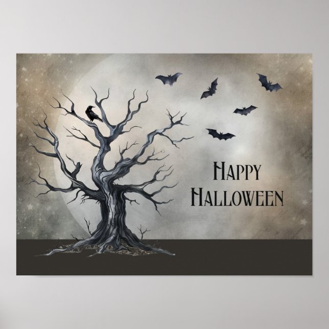 Spooky Halloween Tree with Raven and Bats Poster (Front)