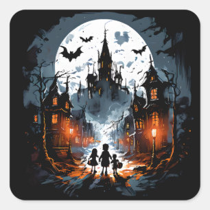 Spooky Halloween, Trick or Treat to Haunted House Square Sticker