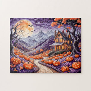 Spooky Halloween Villa with Pumpkins and Bats Jigsaw Puzzle