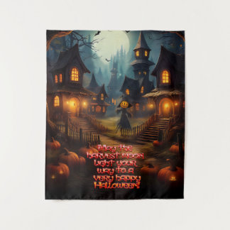 Spooky Halloween Village With Scare Crow Tapestry