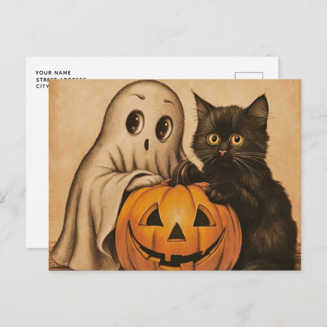Spooky Halloween Vintage Ghost Black Cat Pumpkin   Postcard (Front/Back)